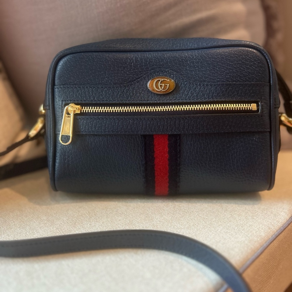 GUCCI Textured Calfskin Web Mini Ophidia Shoulder Bag Blue Agata -  Authentic!!